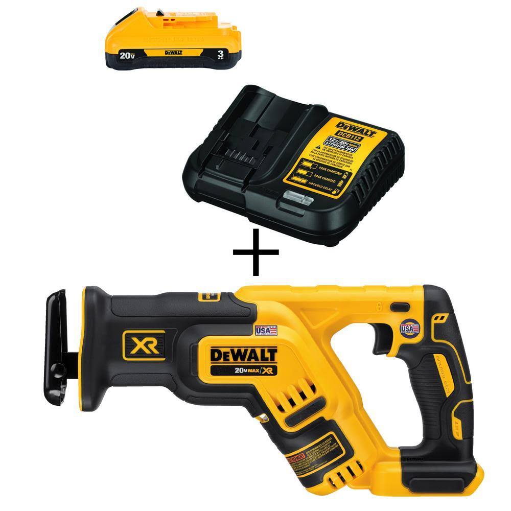 DCS367BW230C 20V MAX XR Cordless Brushless Compact Reciprocating Saw, (1) 20V Lithium-Ion 3.0Ah Battery, and 12V-20V MAX Charger