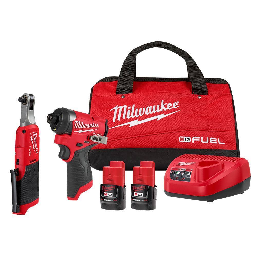 3453-22HSR M12 FUEL 12V Lithium-Ion Cordless 3/8 in. Ratchet and 1/4 in. Impact Driver Kit (2-Tool) w/Batteries, Charger   Bag