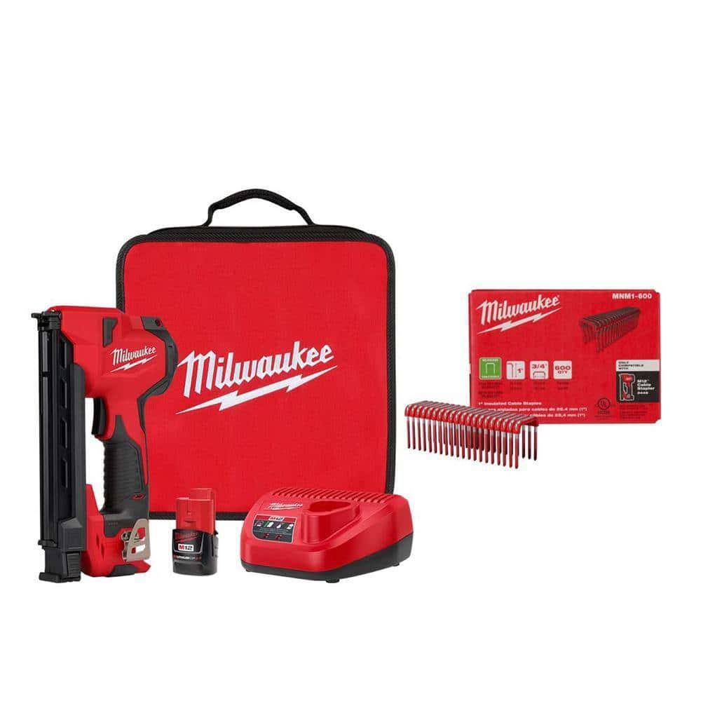 2448-21-MNM1-600X3 M12 Cordless Cable Stapler Kit with 2.0Ah Battery, Charger and Bag w/1 in. Insulated Cable Staples for 600 Per Box 3-Pk