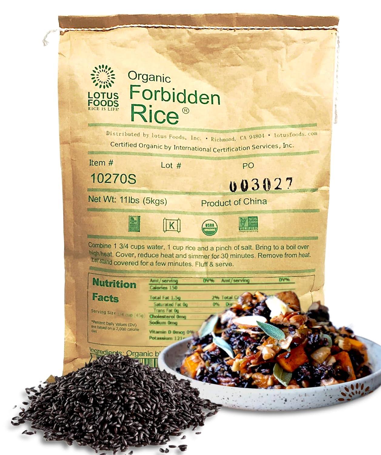 Lotus Foods Bulk Organic Forbidden Rice   Black Rice Organic, Purple Rice, Black Rice Bulk, Gluten Free Heirloom Rice, Whole Grain, Non GMO, Vegan   11 lb Bag