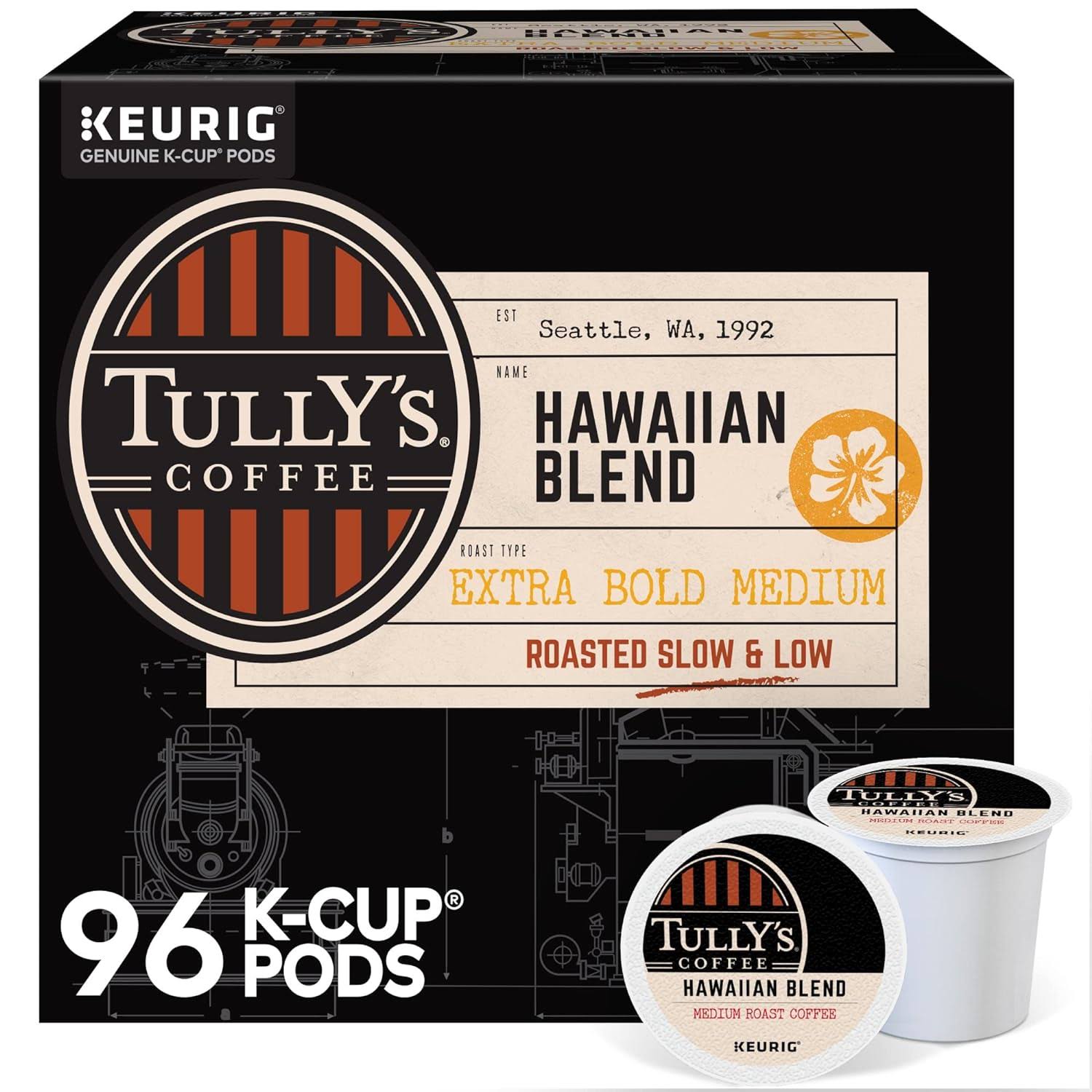 Tully s Coffee Hawaiian Blend Keurig Single-Serve K-Cup Pods, Medium Roast Coffee, 96 Count (4 Packs of 24)