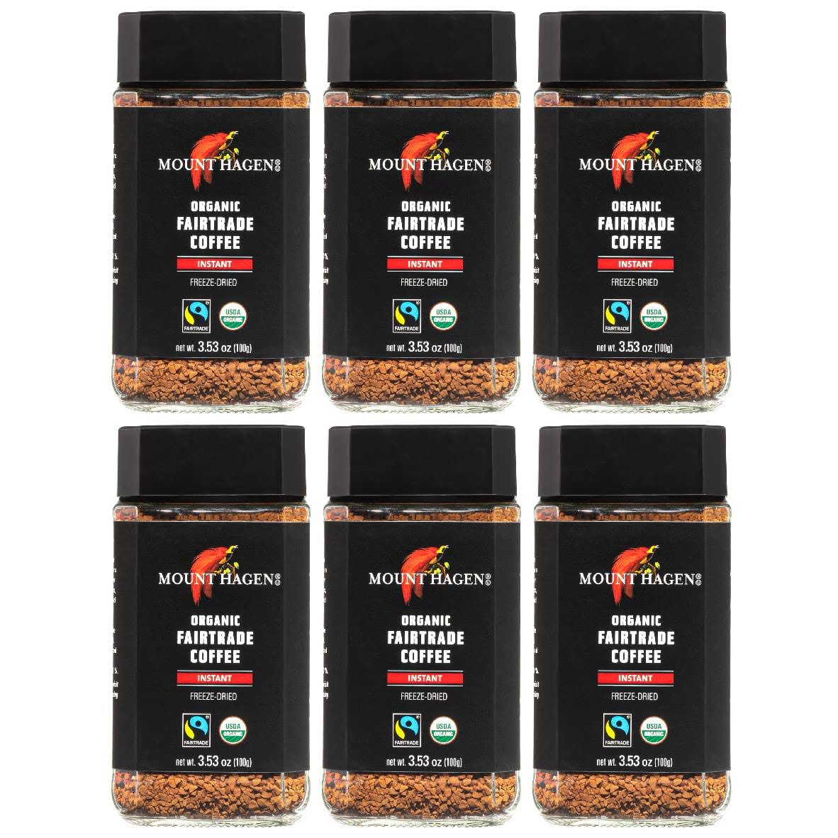 Mount Hagen 3.53oz Organic Freeze Dried Instant Coffee   6 pack | Eco-friendly Coffee Made From Organic Medium Roast Arabica Beans | Fair-Trade Coffee Instant [6 x 3.53oz Jar]