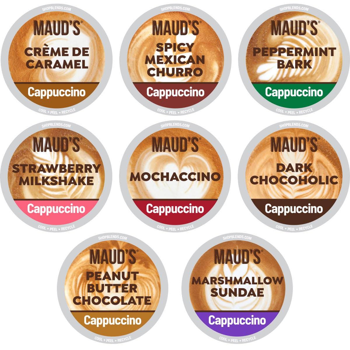 Maud s Cappuccino Coffee Pods Variety Pack, 56 ct | 8 Assorted Cappuccino Delight Flavors | 100% Arabica Coffee | Solar Energy Produced Recyclable Pods Compatible with Keurig K Cups Maker