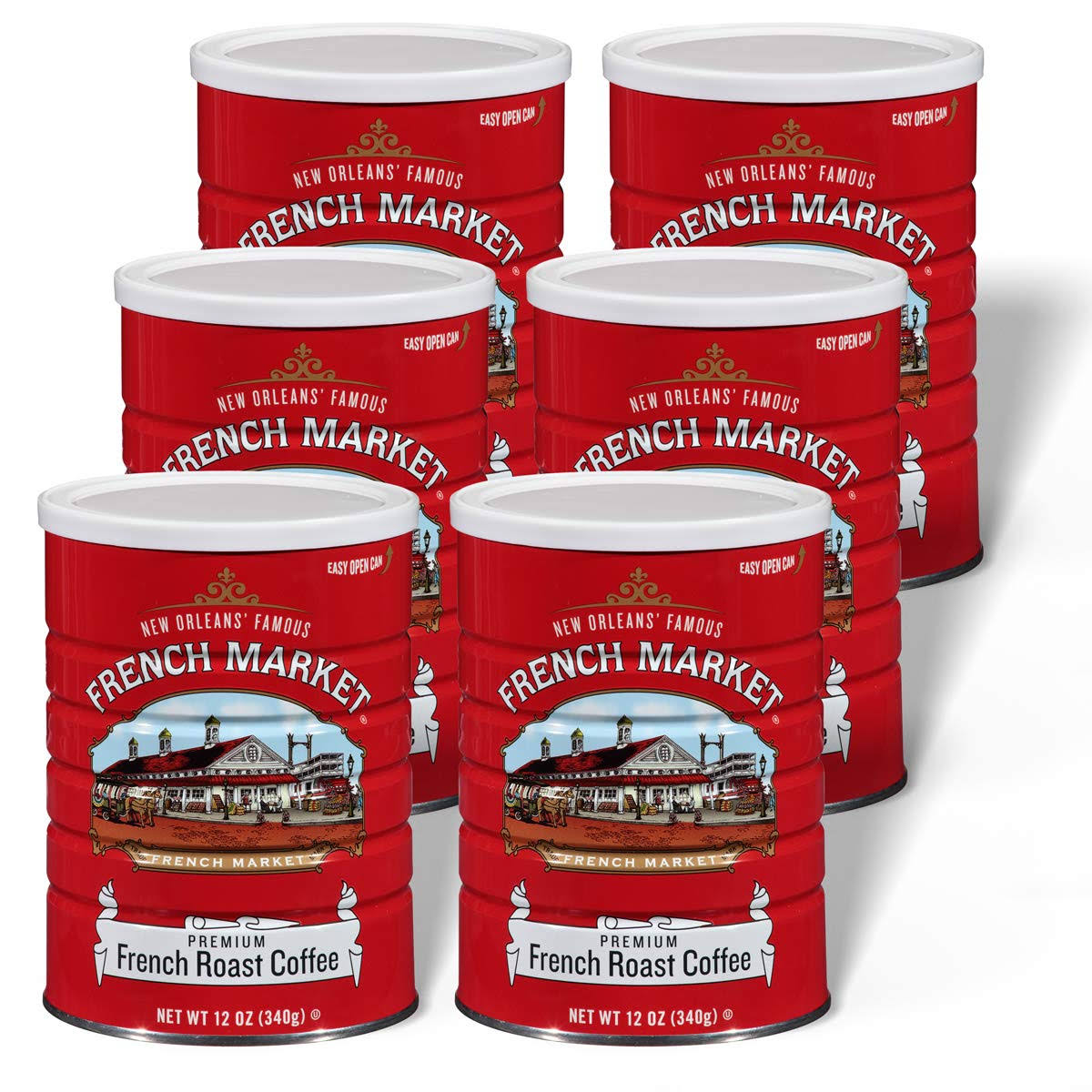 French Market Coffee, French Roast, Medium-Dark Roast Ground Coffee, 12 Ounce Metal Can (Pack of 6)