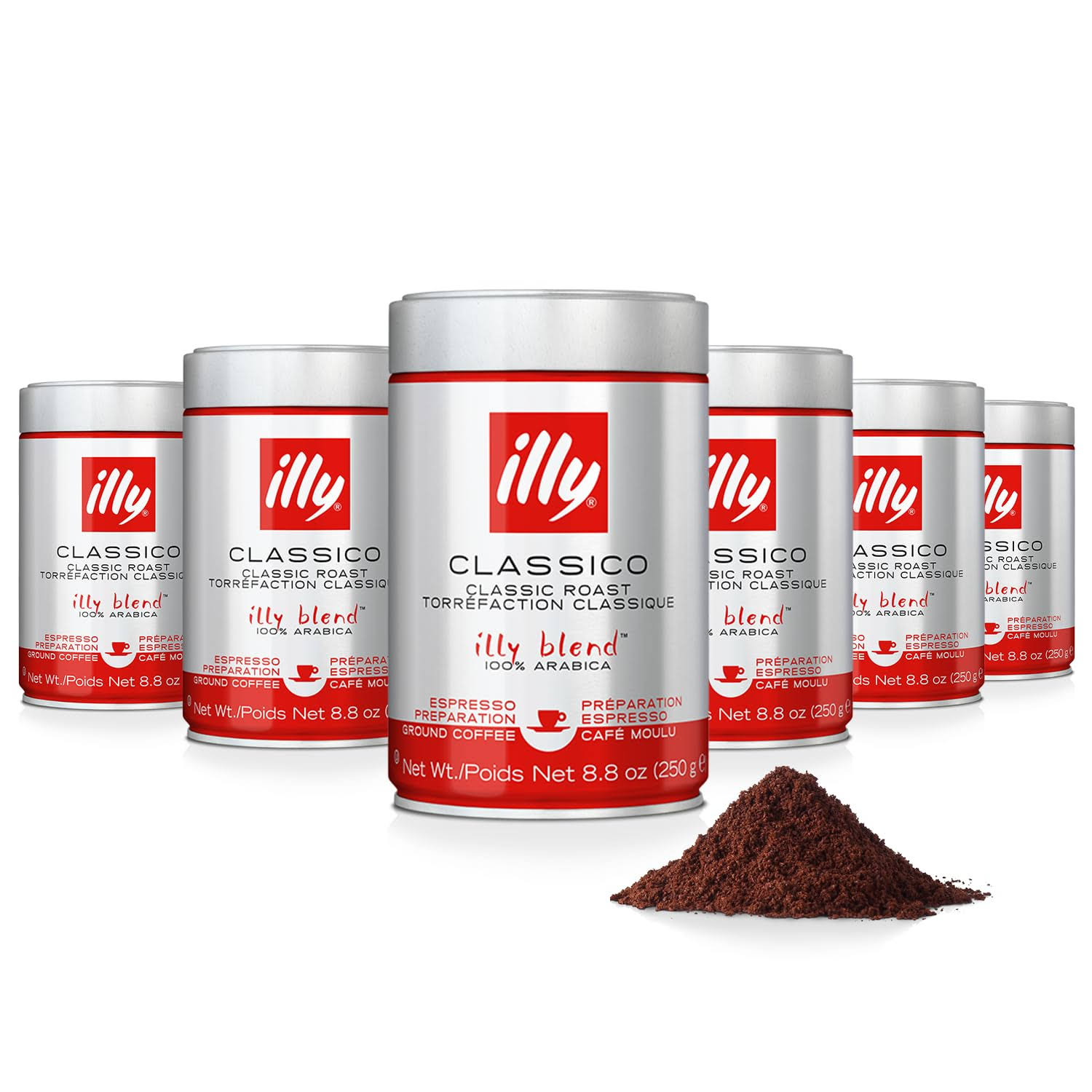 illy Ground Coffee Espresso   100% Arabica Coffee Ground – Classico Medium Roast   Notes of Caramel, Orange Blossom   Jasmine   Rich Aromatic Profile   No Preservatives – 8.8 Ounce, 6 Pack