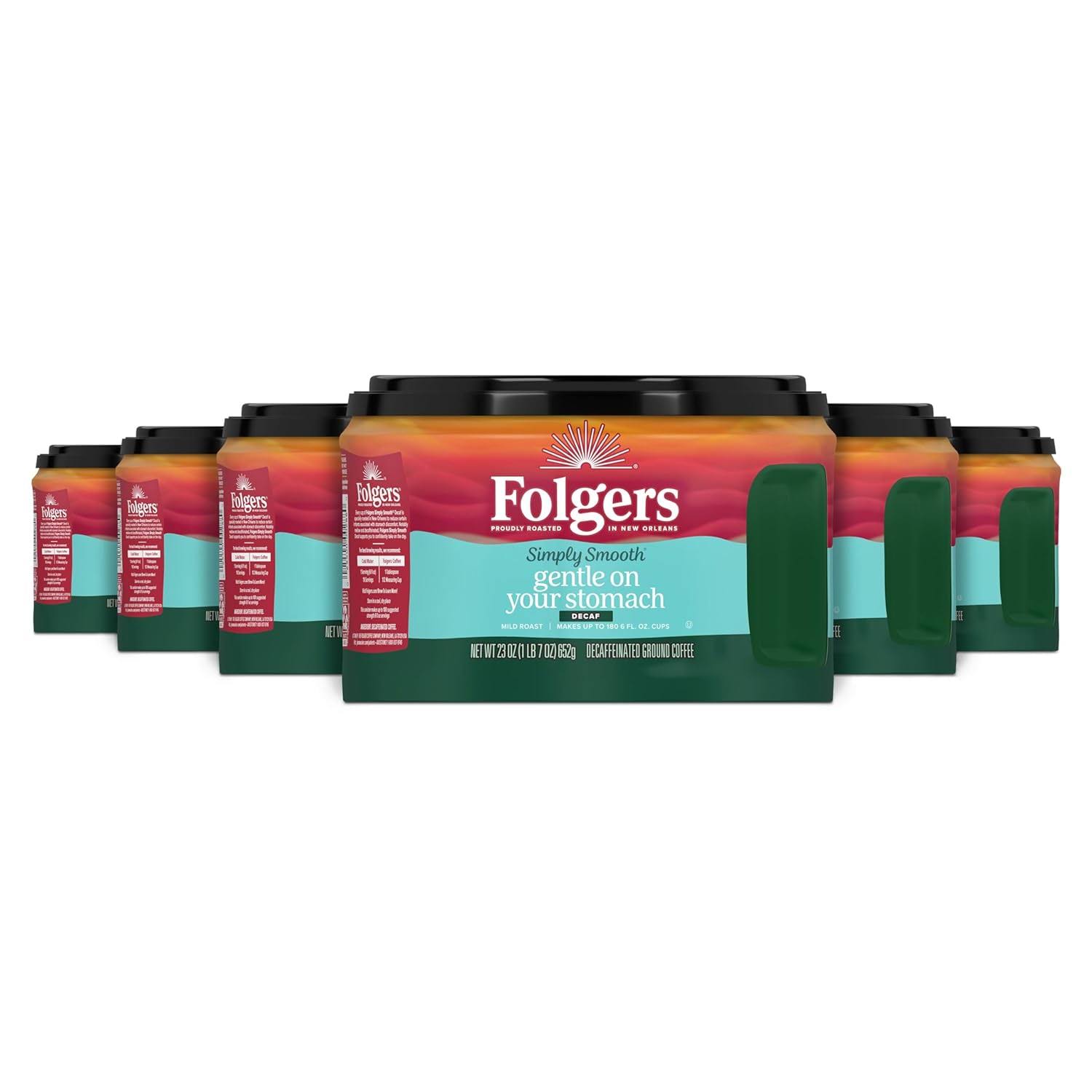 Folgers Simply Smooth Decaf Mild Roast Ground Coffee, 23 Ounces (Pack of 6)